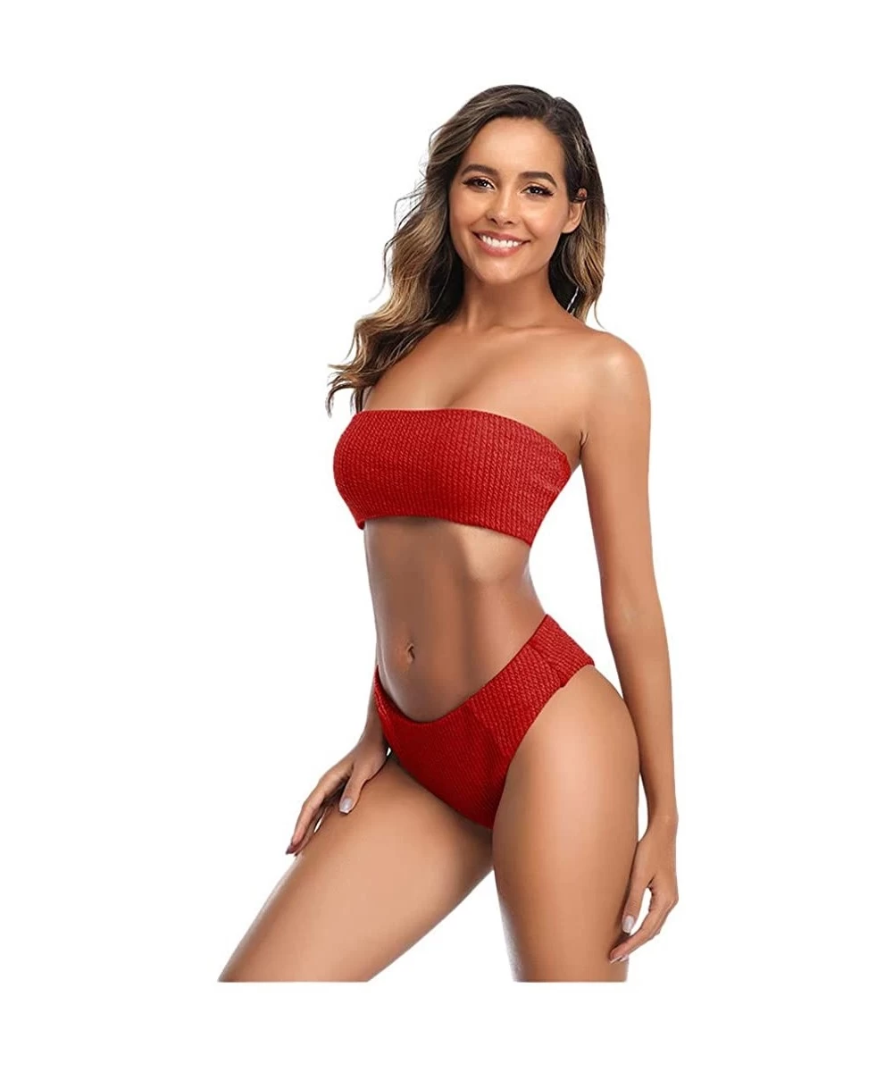 Sets Women Sexy Tube Top Swimwear Solid High Waist Bikini Set Two Piece Swimsuit - Red - CJ1966Y9R85