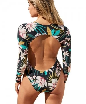 Rash Guards Women's One Piece Swimsuits Zip up Floral Long Sleeve Rash Guard Swimwear - Green Black - CL187WQ0HHZ