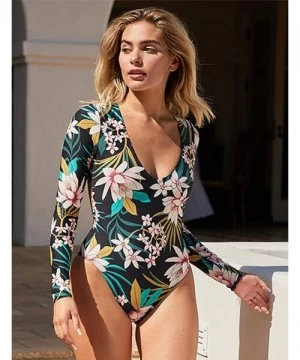 Rash Guards Women's One Piece Swimsuits Zip up Floral Long Sleeve Rash Guard Swimwear - Green Black - CL187WQ0HHZ