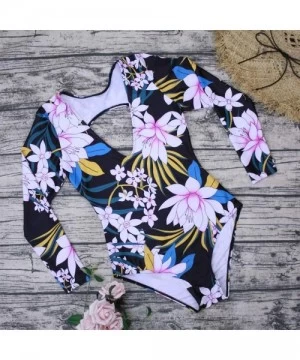 Rash Guards Women's One Piece Swimsuits Zip up Floral Long Sleeve Rash Guard Swimwear - Green Black - CL187WQ0HHZ