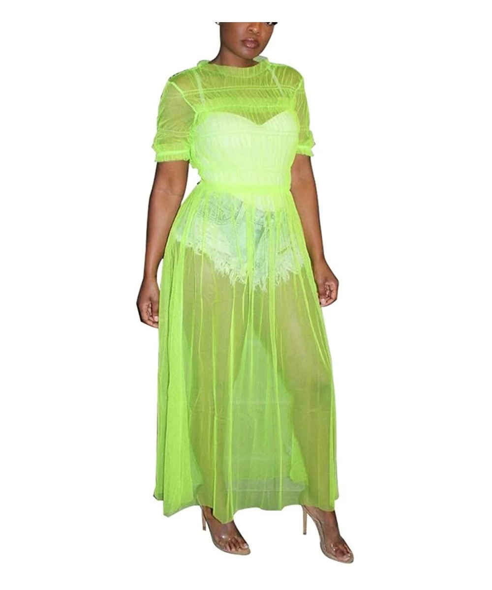 Cover-Ups Womens Mesh Sheer Midi Dress Cute Lace Ruffle Short Sleeve Bikini Cover Ups Sexy See Through Club Dress - Green - C...