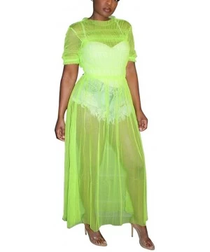 Cover-Ups Womens Mesh Sheer Midi Dress Cute Lace Ruffle Short Sleeve Bikini Cover Ups Sexy See Through Club Dress - Green - C...