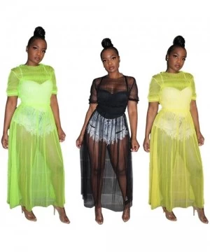 Cover-Ups Womens Mesh Sheer Midi Dress Cute Lace Ruffle Short Sleeve Bikini Cover Ups Sexy See Through Club Dress - Green - C...