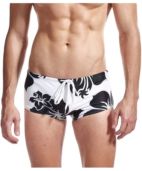 Racing Mens Swim Briefs Swimwear Bikinis Beach Surf Bathing Suits with Drawstring Swimsuit - Flower Black - CJ196NGCMT7