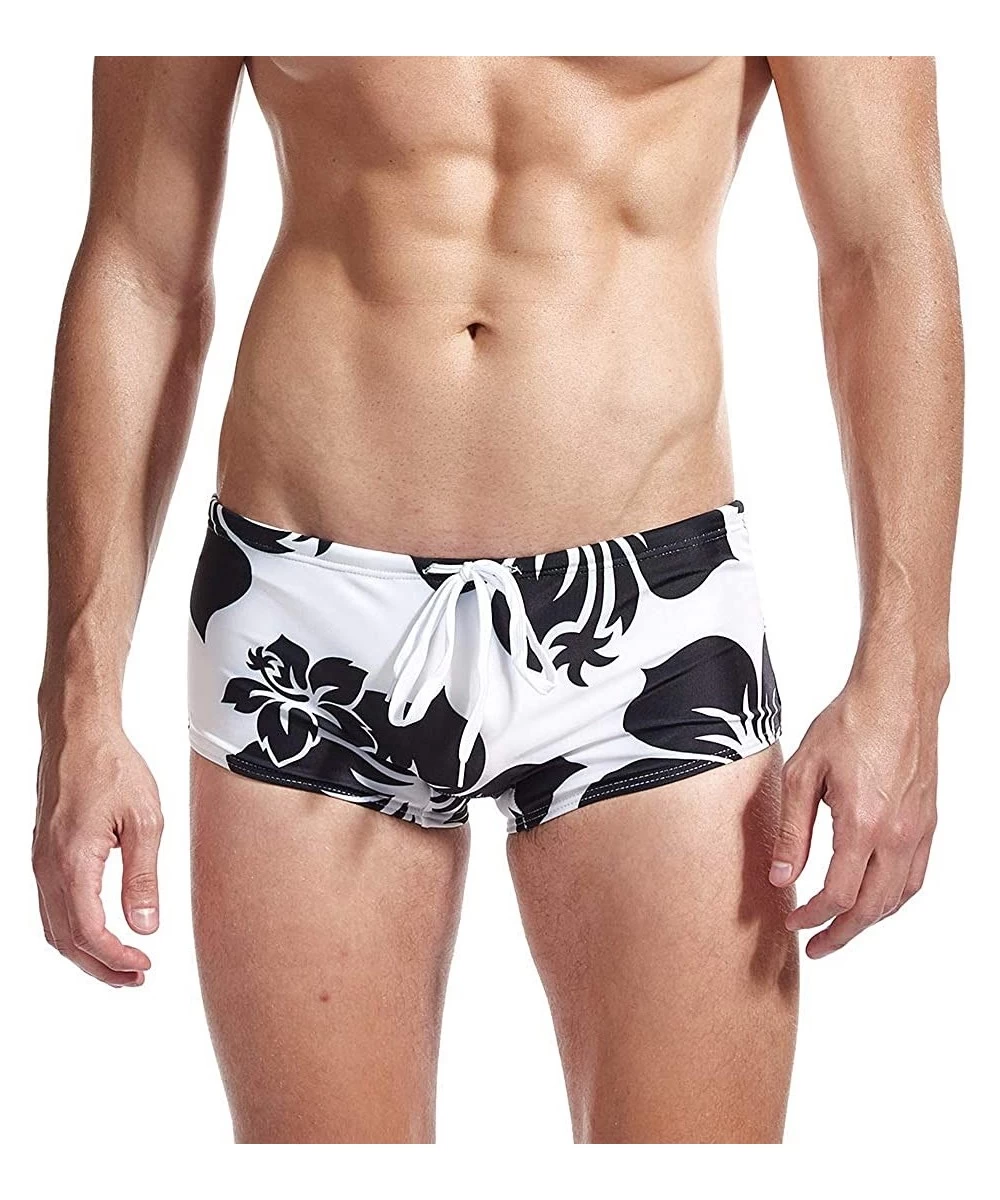 Racing Mens Swim Briefs Swimwear Bikinis Beach Surf Bathing Suits with Drawstring Swimsuit - Flower Black - CJ196NGCMT7