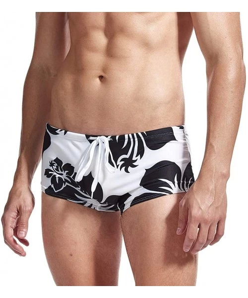 Racing Mens Swim Briefs Swimwear Bikinis Beach Surf Bathing Suits with Drawstring Swimsuit - Flower Black - CJ196NGCMT7