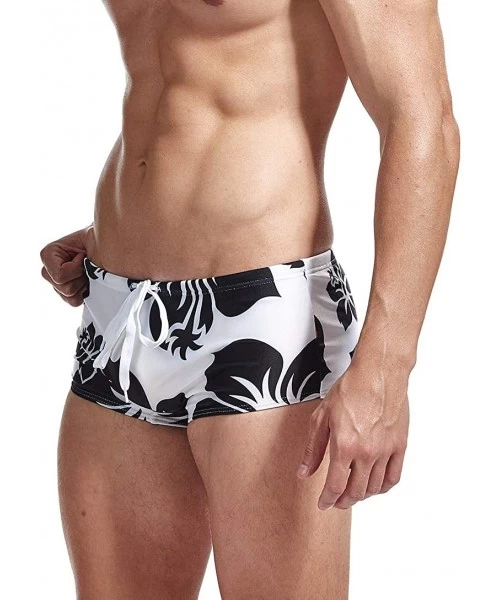 Racing Mens Swim Briefs Swimwear Bikinis Beach Surf Bathing Suits with Drawstring Swimsuit - Flower Black - CJ196NGCMT7