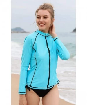 Rash Guards Women's Rashguard Swimsuit Zip Front Sun Protection Swim Shirt UPF 50+ - Aqua Solid - CT18EYMCNCO