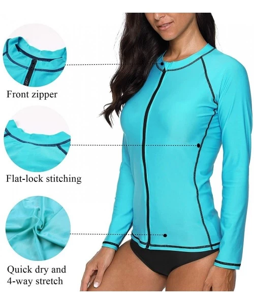 Rash Guards Women's Rashguard Swimsuit Zip Front Sun Protection Swim Shirt UPF 50+ - Aqua Solid - CT18EYMCNCO