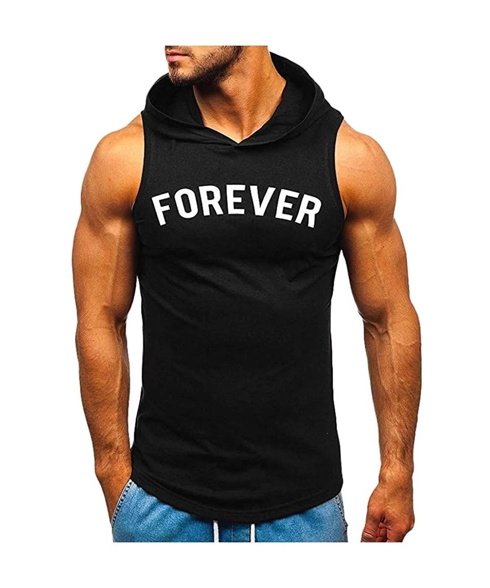 Racing Men's Workout Hooded Tank Tops Bodybuilding Muscle Cut Off T Shirt Sleeveless Gym Hoodies - Black D - CI194EAR53Q