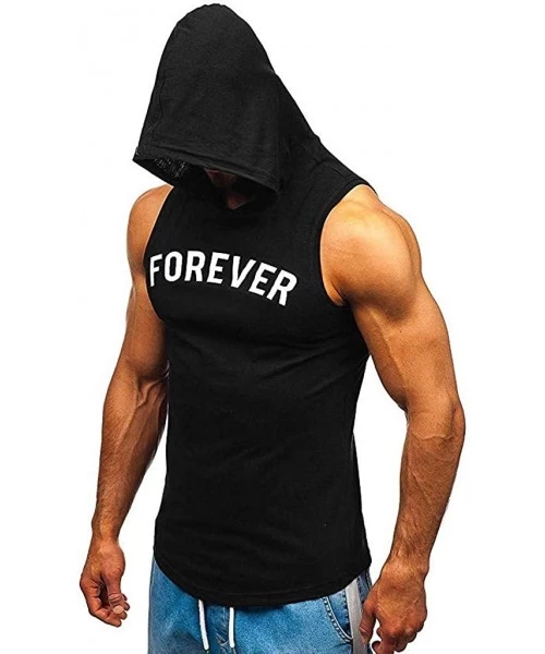 Racing Men's Workout Hooded Tank Tops Bodybuilding Muscle Cut Off T Shirt Sleeveless Gym Hoodies - Black D - CI194EAR53Q