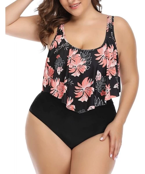 Sets Women Plus Size High Waisted Two Piece Bikini Set Ruffle Swimsuit Bathing Suits - Black Floral-1 - CQ18YSQSG4C