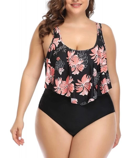 Sets Women Plus Size High Waisted Two Piece Bikini Set Ruffle Swimsuit Bathing Suits - Black Floral-1 - CQ18YSQSG4C