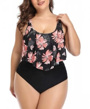 Sets Women Plus Size High Waisted Two Piece Bikini Set Ruffle Swimsuit Bathing Suits - Black Floral-1 - CQ18YSQSG4C