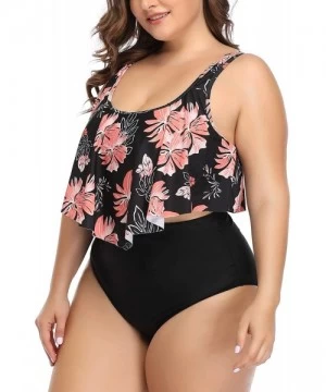 Sets Women Plus Size High Waisted Two Piece Bikini Set Ruffle Swimsuit Bathing Suits - Black Floral-1 - CQ18YSQSG4C