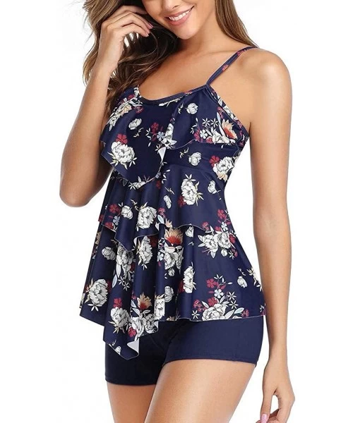 Sets Women's Floral Ruffle Tankini Swimsuit Set Spaghetti Top Flounce Plus Size Two Pieces with Boyshorts Bathing Suit - Blac...