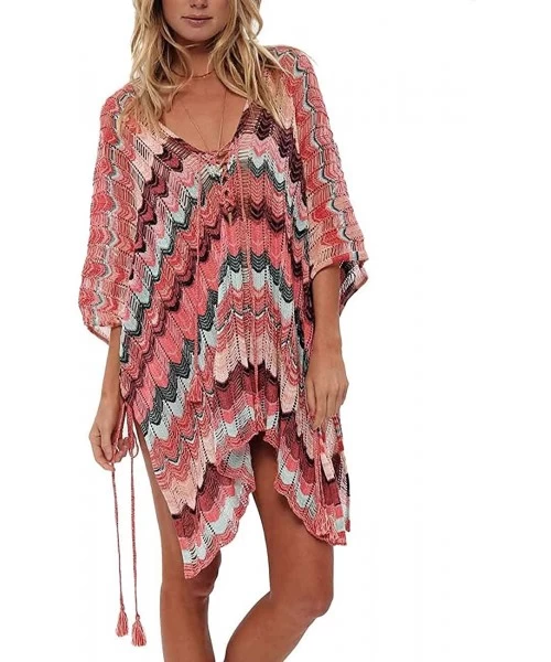 Cover-Ups Beach Cover ups Swim Suit Cover ups Women Crochet Hollow Out V Neck Tunic Beach Dress (One Size- 01-Pink) - CA18QXC...