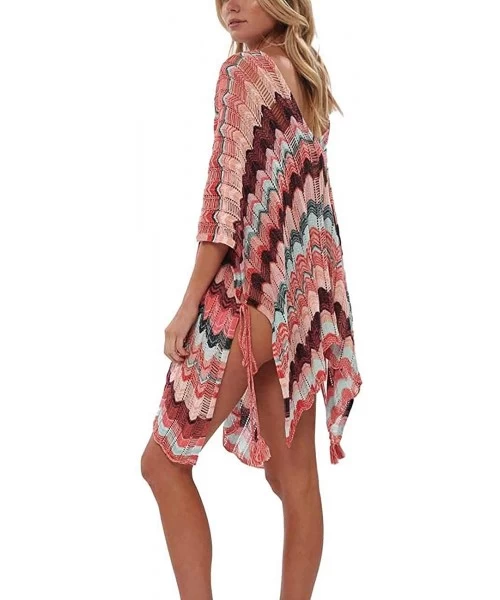 Cover-Ups Beach Cover ups Swim Suit Cover ups Women Crochet Hollow Out V Neck Tunic Beach Dress (One Size- 01-Pink) - CA18QXC...