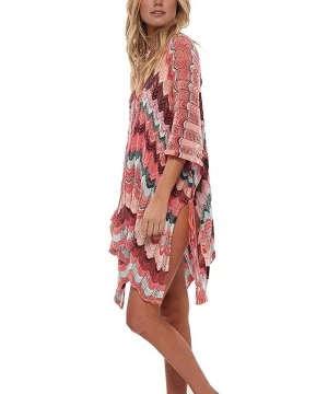 Cover-Ups Beach Cover ups Swim Suit Cover ups Women Crochet Hollow Out V Neck Tunic Beach Dress (One Size- 01-Pink) - CA18QXC...