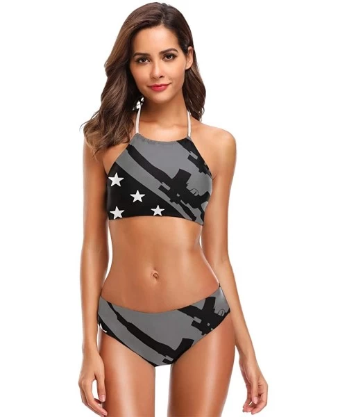 Sets Italian Flag Map Women's Sexy Bikini Swimsuit Set Halter Bathing Suit Swimwear Beachwear - Gun Usa Flag Black - C918QKT393L