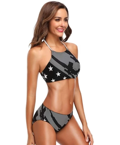 Sets Italian Flag Map Women's Sexy Bikini Swimsuit Set Halter Bathing Suit Swimwear Beachwear - Gun Usa Flag Black - C918QKT393L