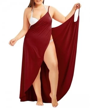 Cover-Ups Plus Size Spaghetti Strap Cover Up Beach Backless Wrap Long Dress - Wine Red - CY193O3H5TD