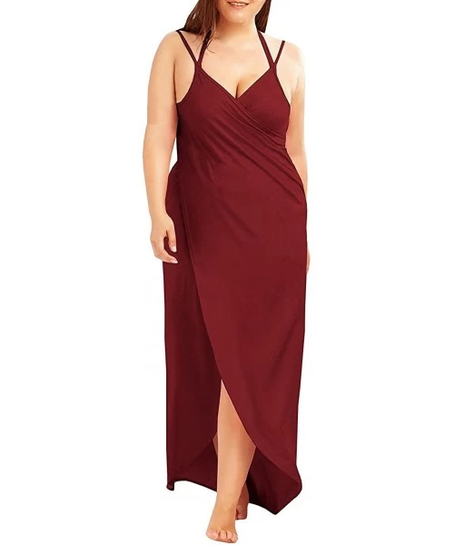 Cover-Ups Plus Size Spaghetti Strap Cover Up Beach Backless Wrap Long Dress - Wine Red - CY193O3H5TD