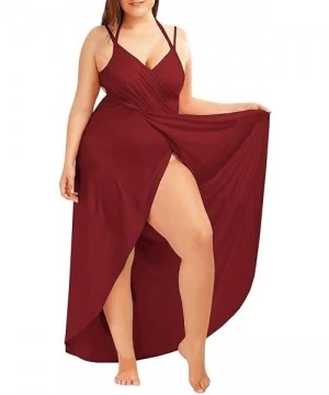 Cover-Ups Plus Size Spaghetti Strap Cover Up Beach Backless Wrap Long Dress - Wine Red - CY193O3H5TD