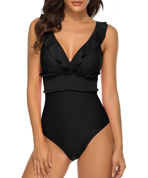 One-Pieces Cold Shoulder Flounce Retro Monokini One Piece Swimsuit - Black - C1199MQQL4X