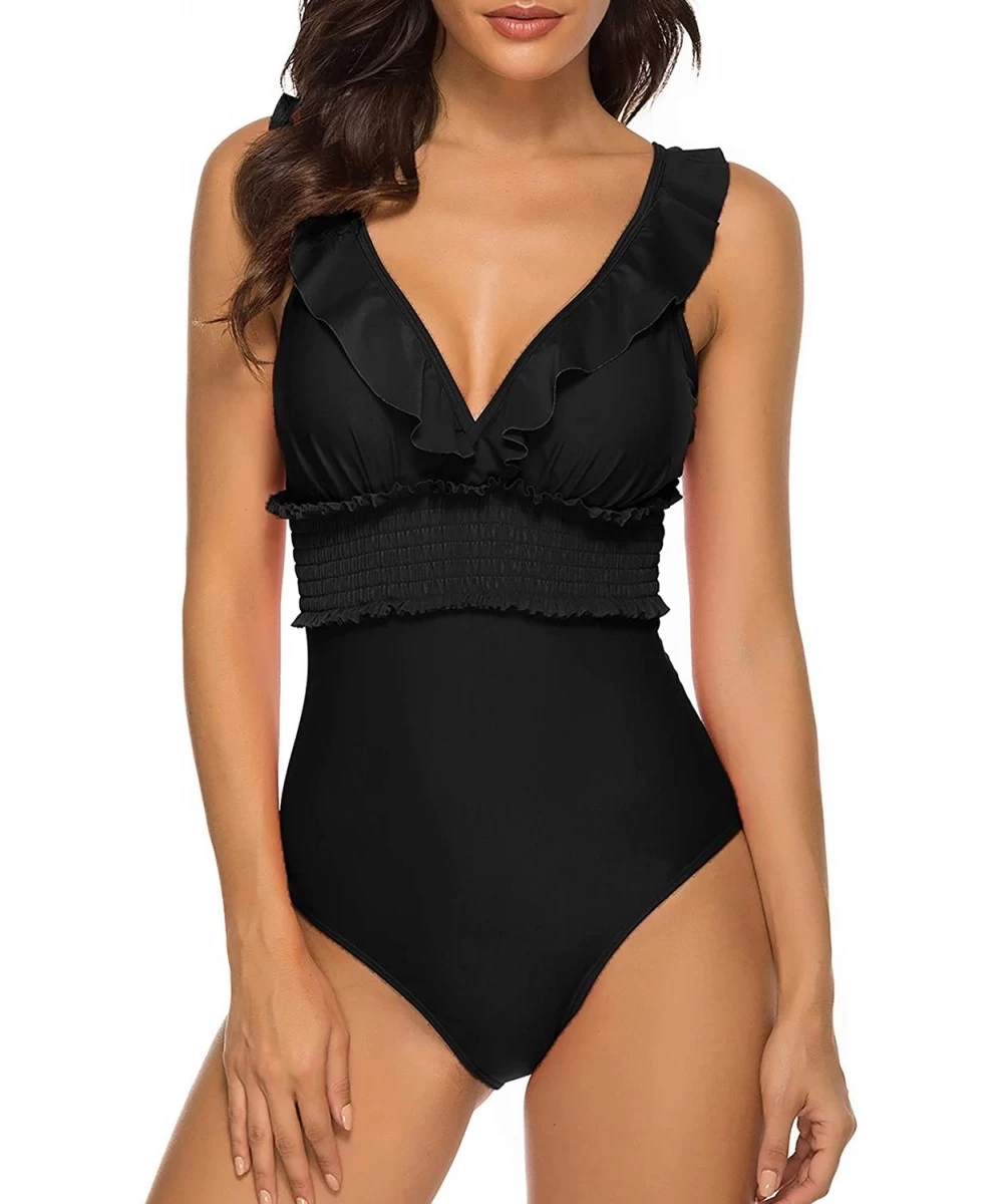 One-Pieces Cold Shoulder Flounce Retro Monokini One Piece Swimsuit - Black - C1199MQQL4X