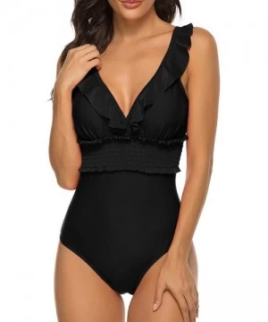 One-Pieces Cold Shoulder Flounce Retro Monokini One Piece Swimsuit - Black - C1199MQQL4X