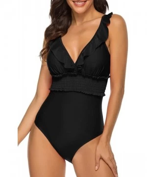 One-Pieces Cold Shoulder Flounce Retro Monokini One Piece Swimsuit - Black - C1199MQQL4X