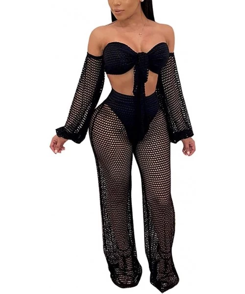 Sets Women's Two Piece Outfits Mesh Beach Bikini Swimsuit Cover up Off Shoulder Crop Top Wide Leg Long Pants Set Black - C818...