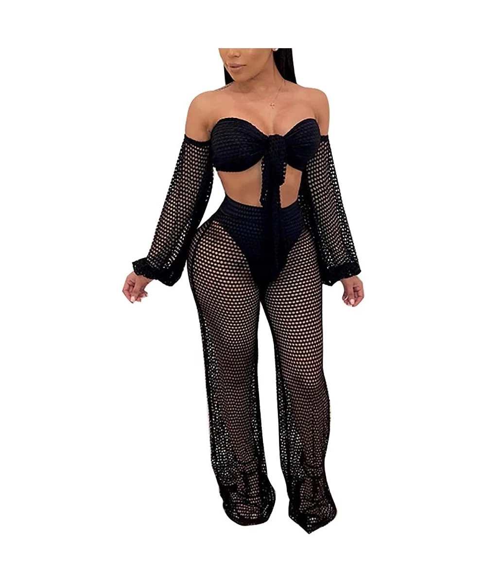 Sets Women's Two Piece Outfits Mesh Beach Bikini Swimsuit Cover up Off Shoulder Crop Top Wide Leg Long Pants Set Black - C818...