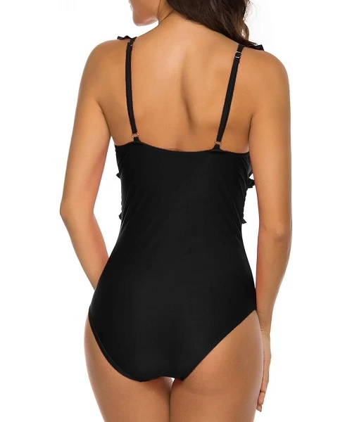 One-Pieces Cold Shoulder Flounce Retro Monokini One Piece Swimsuit - Black - C1199MQQL4X