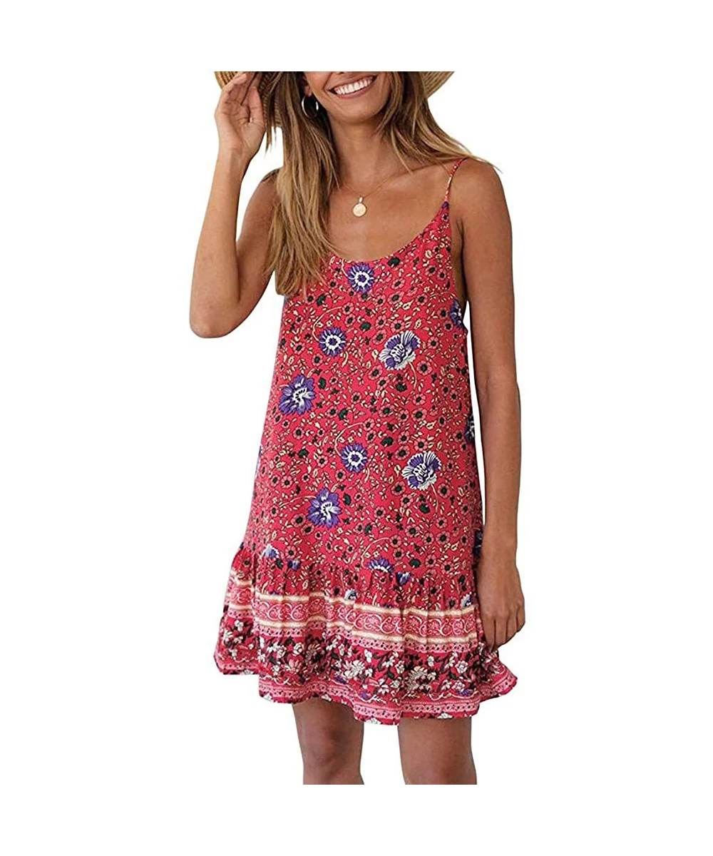 Cover-Ups Womens Boho Beach Dress Floral Spaghetti Strap Sleeveless V Neck A line Swing Casual Sundress Beachwear - Cotton re...