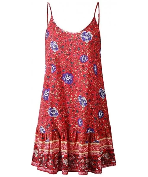 Cover-Ups Womens Boho Beach Dress Floral Spaghetti Strap Sleeveless V Neck A line Swing Casual Sundress Beachwear - Cotton re...