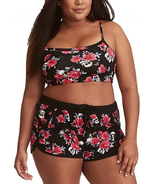 Sets Plus Size Bikini Sets- Skull Floral Print Sexy 2 Pieces Swimsuits Beachwear Bandeau Swimwear - Black - CX18NR9XK8E