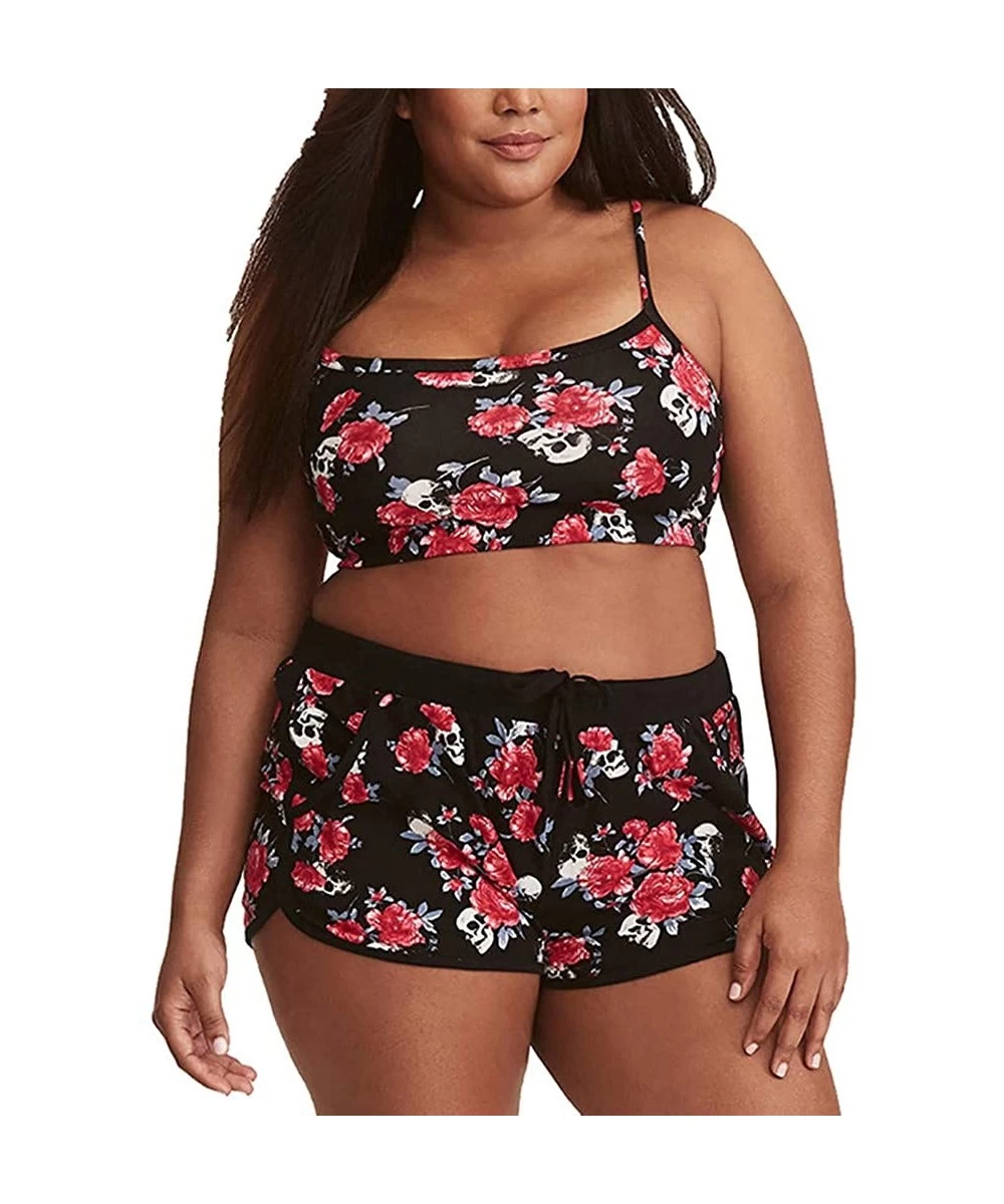 Sets Plus Size Bikini Sets- Skull Floral Print Sexy 2 Pieces Swimsuits Beachwear Bandeau Swimwear - Black - CX18NR9XK8E