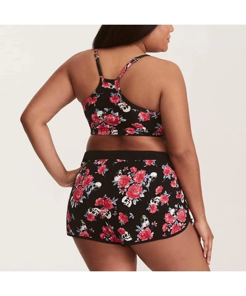 Sets Plus Size Bikini Sets- Skull Floral Print Sexy 2 Pieces Swimsuits Beachwear Bandeau Swimwear - Black - CX18NR9XK8E