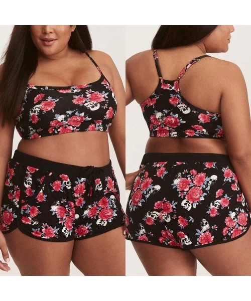 Sets Plus Size Bikini Sets- Skull Floral Print Sexy 2 Pieces Swimsuits Beachwear Bandeau Swimwear - Black - CX18NR9XK8E