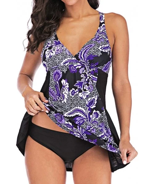 Tankinis Teen Girls Printed Two Piece Tankini Bikini Set with Boy Shorts Bathing Suits Swimwear - Purple - CE196WZIMQ3