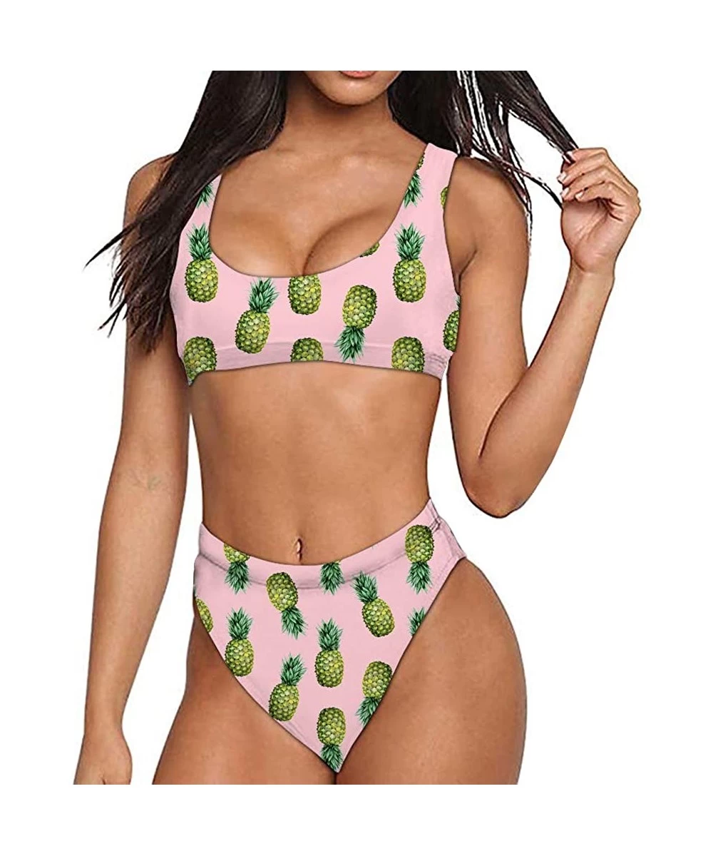 Sets Sport Style Swimsuit Low Scoop Crop Top Tankini 2piece Sets Women Beach Bathing Suit Plus Size - Pineapple-3 - C518QRXETNW