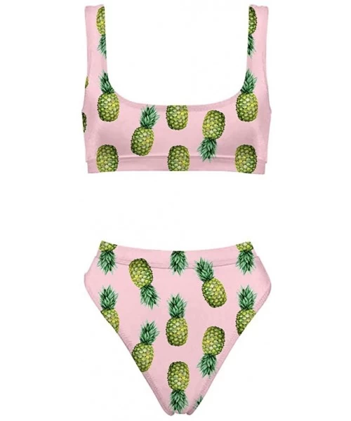 Sets Sport Style Swimsuit Low Scoop Crop Top Tankini 2piece Sets Women Beach Bathing Suit Plus Size - Pineapple-3 - C518QRXETNW