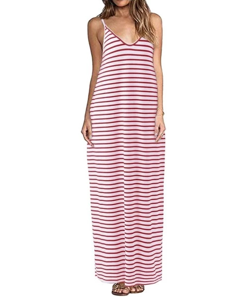 Cover-Ups Women Summer Maxi Long Dress Casual Loose Kaftan Off Shoulder Sundress Beach Cover Up Dress - Cami-striped Red - CS...