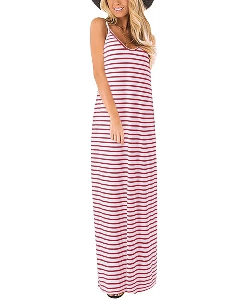 Cover-Ups Women Summer Maxi Long Dress Casual Loose Kaftan Off Shoulder Sundress Beach Cover Up Dress - Cami-striped Red - CS...