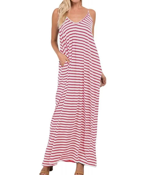 Cover-Ups Women Summer Maxi Long Dress Casual Loose Kaftan Off Shoulder Sundress Beach Cover Up Dress - Cami-striped Red - CS...