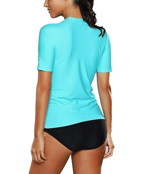 Rash Guards Women's Short Sleeve Rashguard Swimwear UPF 50+ Rash Guard Athletic Tops - Aqua - C617YYAR4SI