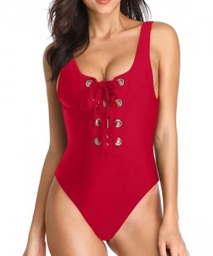 One-Pieces Women's Scoop Neck Lace Up High Cut Cheeky One Piece Swimwear Bathing Suit Maillot - Red - CH18E73AC6R