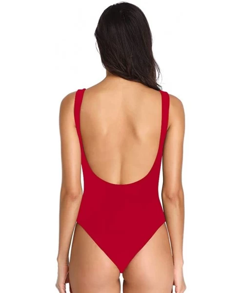 One-Pieces Women's Scoop Neck Lace Up High Cut Cheeky One Piece Swimwear Bathing Suit Maillot - Red - CH18E73AC6R